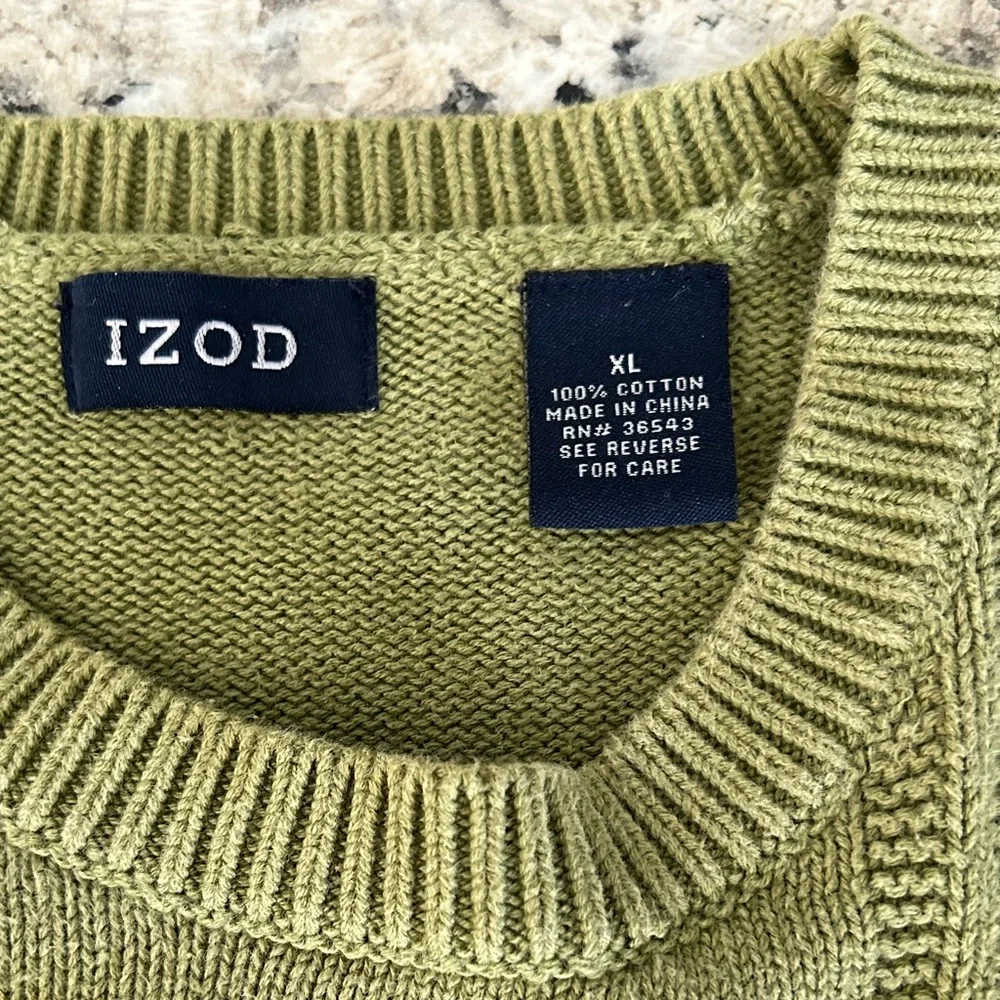 IZOD Olive Green Textured Crewneck Windowpane Sweater Classic Fit Size XL - Picture 6 of 10